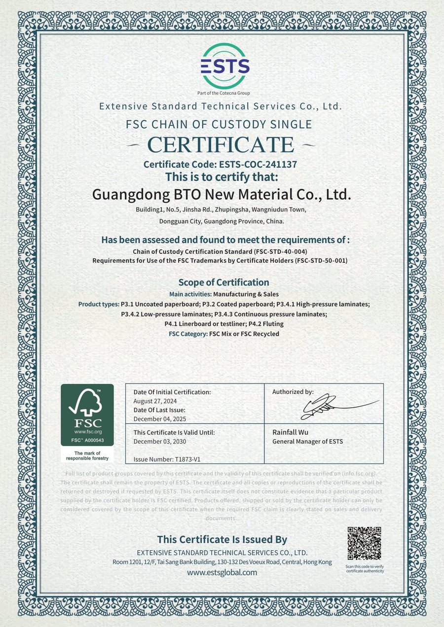 FSC Chain of Custody certificate ESTS-COC-241137 issued to Guangdong BTO New Material Co., Ltd.