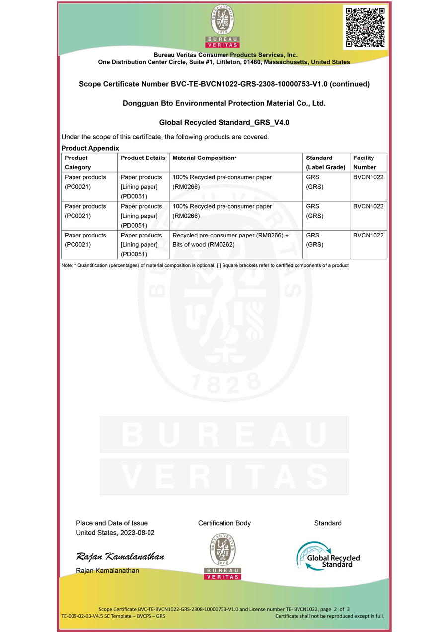 GRS 4.0 scope certificate product appendix: lining paper made from recycled pre-consumer paper