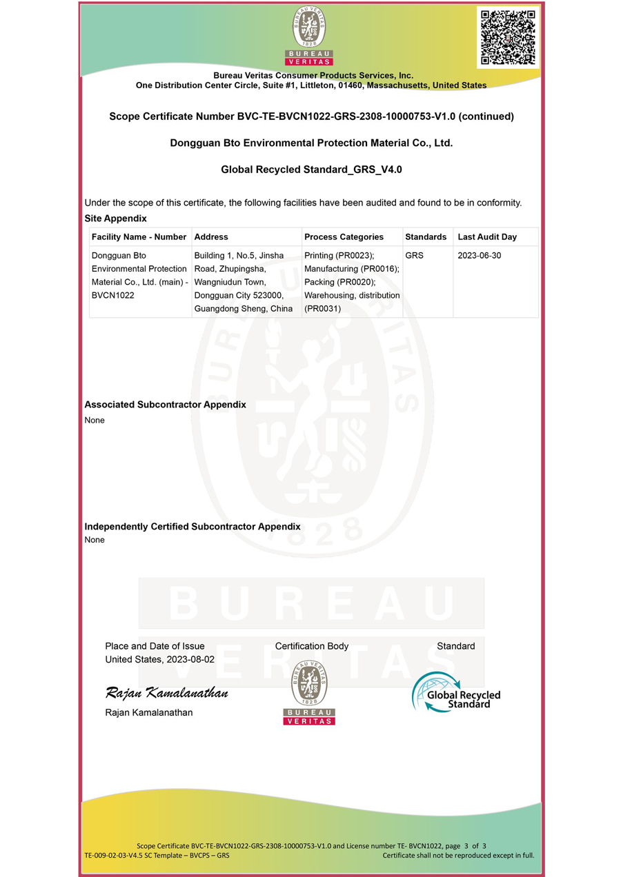 GRS 4.0 scope certificate site appendix: certified facility BVCN1022 in Dongguan, Guangdong