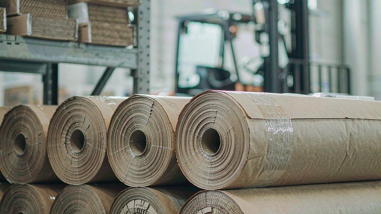 Pallet of protection paper rolls in a flooring distributor's warehouse